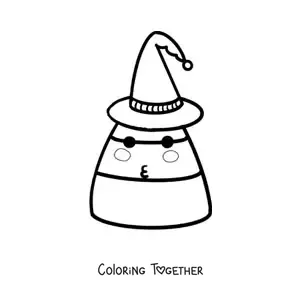 Coloring page of animated Halloween candy with a witch hat
