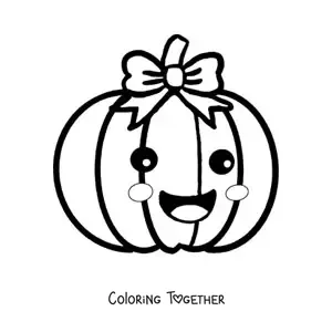 Coloring page of an animated kawaii pumpkin with a bow