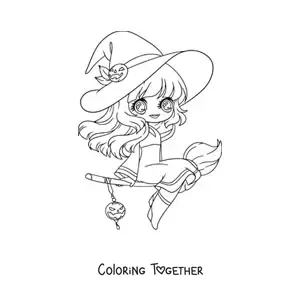 Coloring page of an anime style kawaii witch flying on her broom
