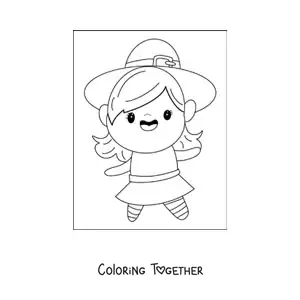 Coloring page of a girl dressed as a cute witch