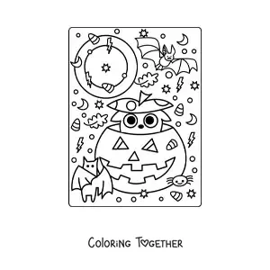 Coloring page of an animated Halloween pumpkin with a kawaii cat