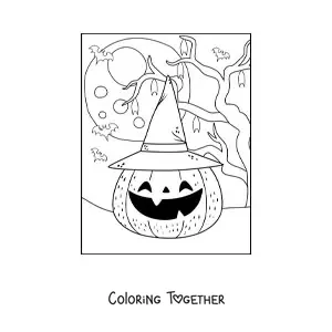 Coloring page of a kawaii Halloween pumpkin with a hat
