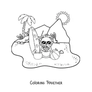Coloring page of a cartoon lion at the beach drinking pineapple juice
