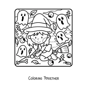 Coloring page of a kawaii witch flying on a broom
