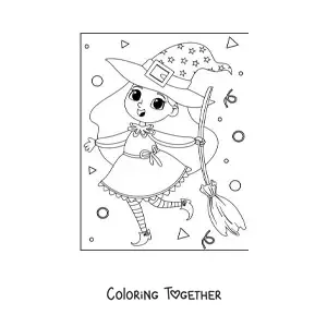 Coloring page of a cute witch with a broom