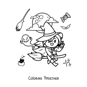 Coloring page of an animated witch flying on a broom