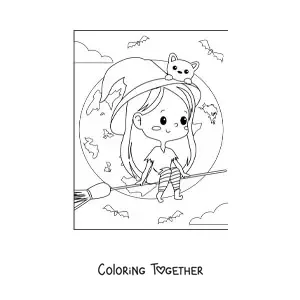 Coloring page of a kawaii Halloween witch flying on a broom with a cat