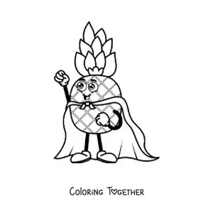 Coloring page of a cartoon pineapple with a cape