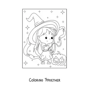 Coloring page of a kawaii Halloween witch with a pumpkin