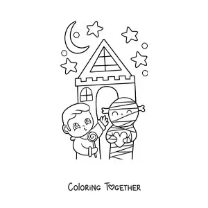 Coloring page of a kawaii haunted house with a boy and a mummy