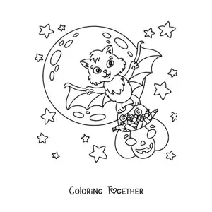 Coloring page of a kawaii bat with a pumpkin full of Halloween candy