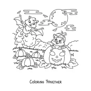 Coloring page of a kawaii bat with a cat and a Halloween pumpkin