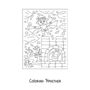 Coloring page of a cat dressed as a kawaii bat with a Halloween pumpkin