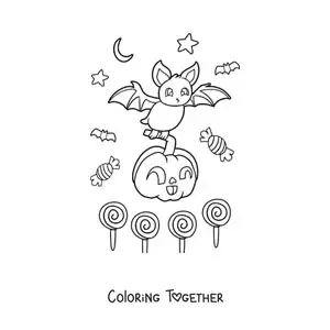 Coloring page of an animated bat with a pumpkin and Halloween candy