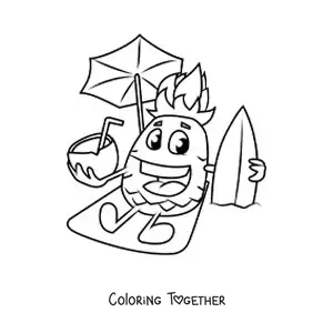 Coloring page of a cartoon pineapple at the beach holding a coconut