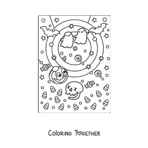 Coloring page of kawaii ghosts with a skull and bats