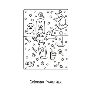 Coloring page of a boy dressed as a kawaii ghost