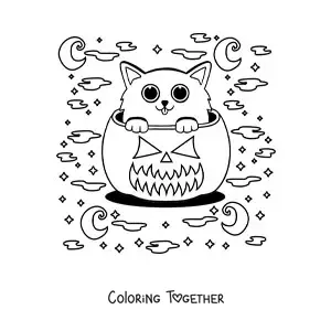 Coloring page of a kawaii cat in a Halloween pumpkin