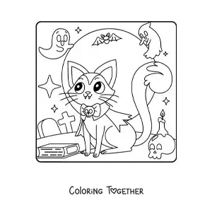 Coloring page of a kawaii Halloween vampire cat