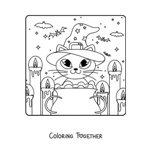 Coloring page of a kawaii cat with a witch's cauldron with candles