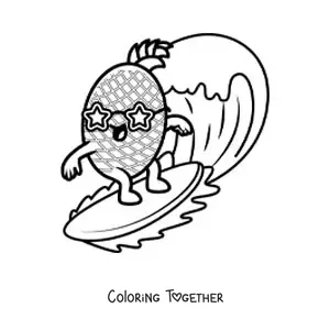 Coloring page of a cartoon pineapple surfing with star-shaped sunglasses