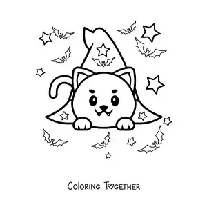 Coloring page of a kawaii cat in a witch hat