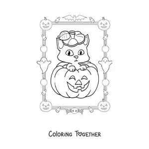 Coloring page of a Halloween pumpkin with a kitten