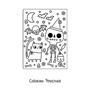 Coloring page of an animated skeleton with Halloween candy