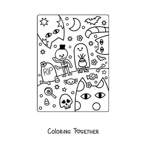 Coloring page of children dressed as a ghost and a skeleton at a Halloween party