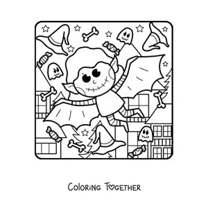 Coloring page of a kawaii vampire bat on Halloween