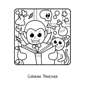 Coloring page of a kawaii vampire on Halloween with a book and a cat