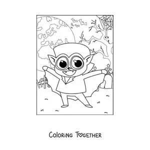 Coloring page of a kawaii vampire in a cemetery on Halloween night