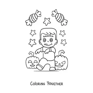 Coloring page of a kawaii Frankenstein with Halloween pumpkins and candy