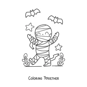 Coloring page of a kawaii Halloween mummy