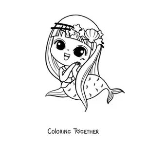 Coloring page of a cute chibi kawaii mermaid