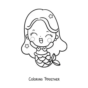 Coloring page of an easy cute kawaii mermaid