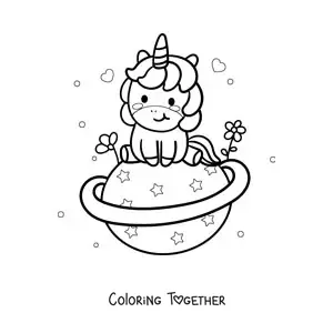 Coloring page of a cute kawaii unicorn sitting on a planet