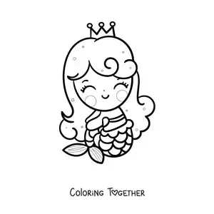 Coloring page of a cute kawaii mermaid sitting
