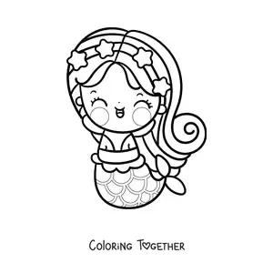 Coloring page of a cute kawaii mermaid with a crown of stars