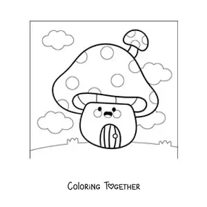 Coloring page of a cute kawaii animated mushroom house