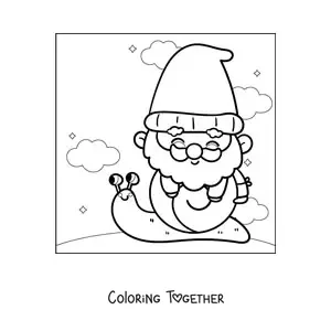 Coloring page of a cute kawaii gnome on a snail