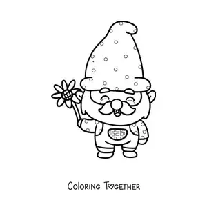 Coloring page of a cute kawaii gnome with a flower