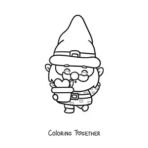 Coloring page of a cute kawaii gnome with a plant