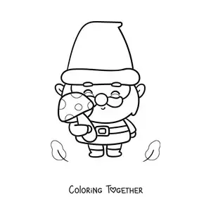 Coloring page of a cute kawaii gnome with a mushroom