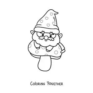 Coloring page of a cute kawaii gnome on a mushroom