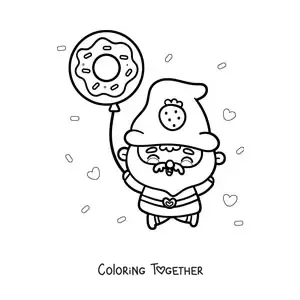Coloring page of a cute kawaii gnome with a donut balloon