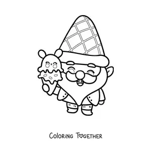 Coloring page of a cute kawaii gnome with an ice cream cone