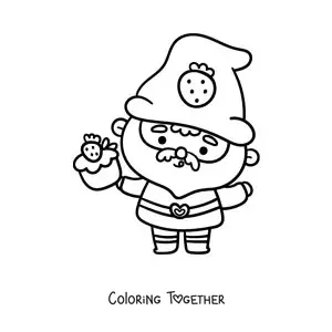Coloring page of a cute kawaii gnome with a strawberry cupcake