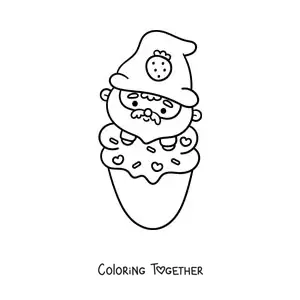 Coloring page of a cute kawaii gnome on a strawberry ice cream