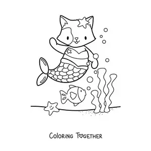 Coloring page of a cute kawaii mermaid cat in the sea